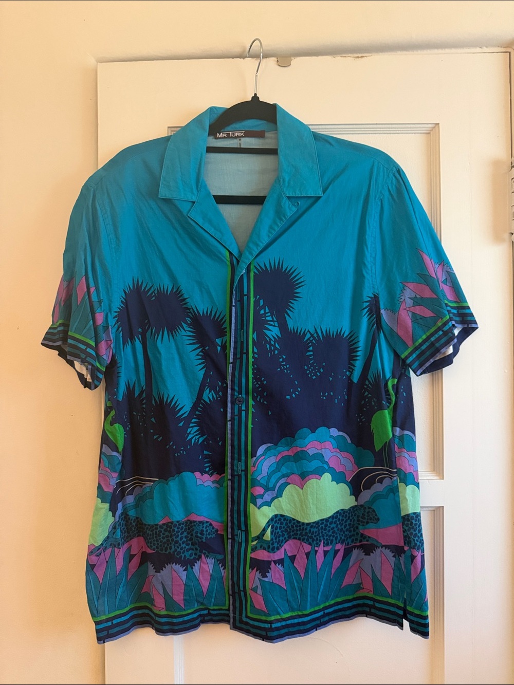 Men's Teal Tropical Print Short-Sleeve Button-Down Shirt